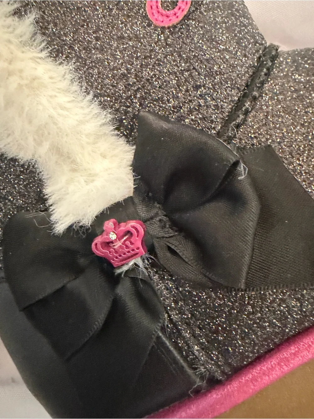 Juicy Couture Black Glitter Kids' Boots with Pink Trim and White Faux-Fur